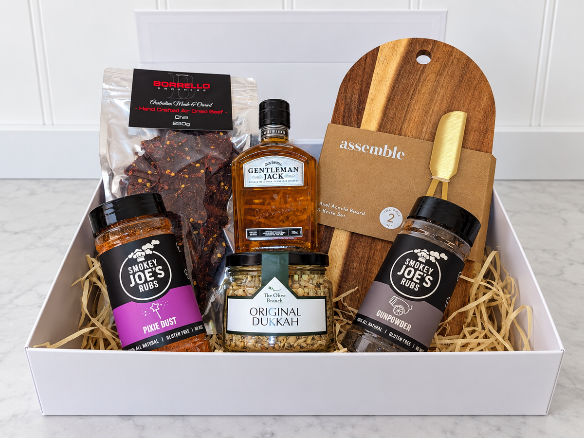 The Gentleman's Table Gift Box with Gentleman Jack whiskey, chilli jerky, dukkah, two barbecue rubs and acacia board