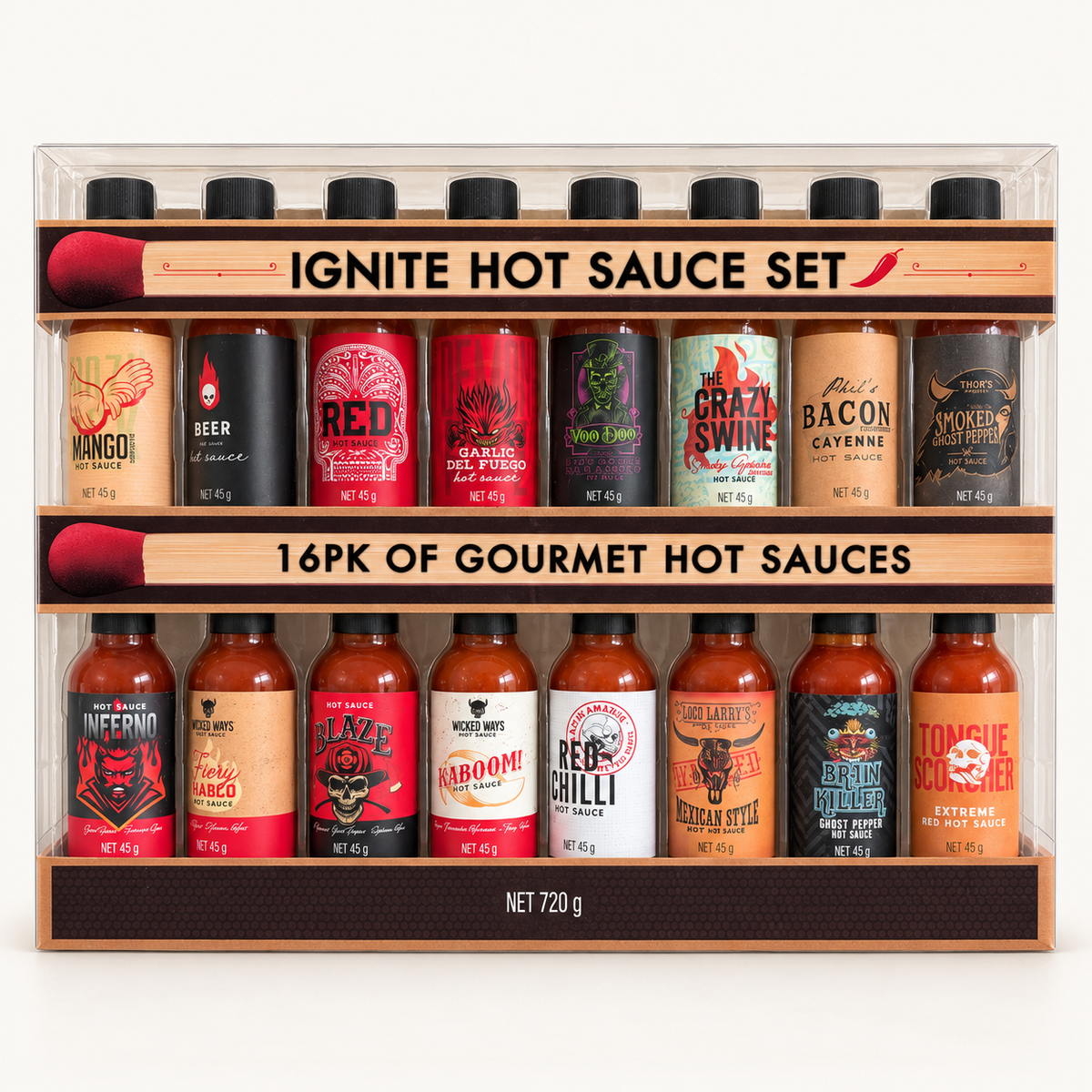 Ignite Hot Sauce gift set with sixteen 45 g bottles in its original presentation box