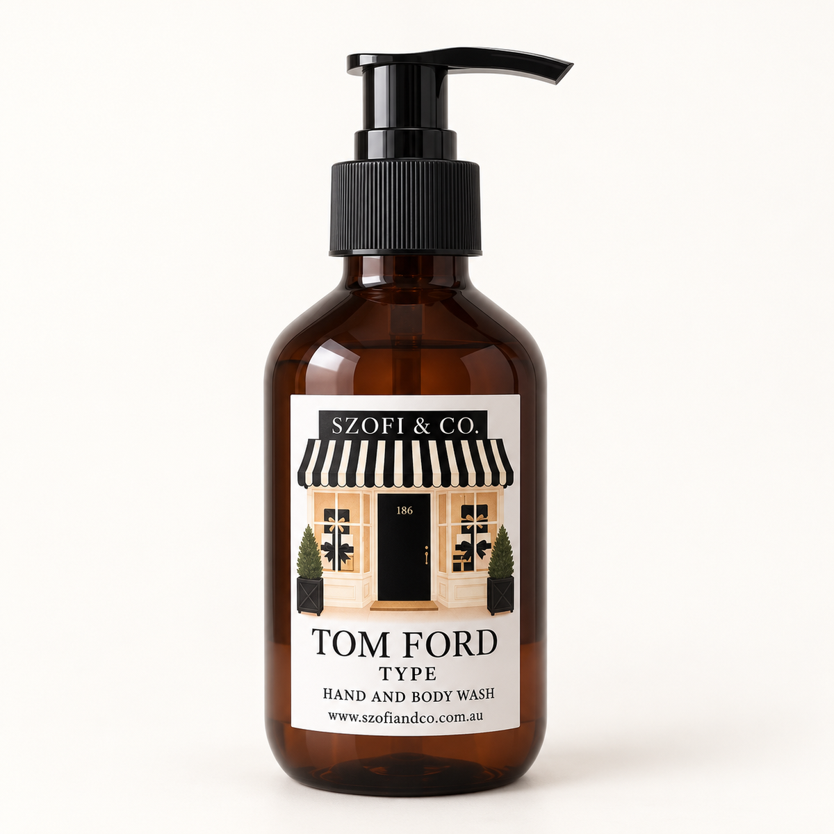 SZOFI & CO Tom Ford Type Hand and Body Wash in an amber pump bottle on a warm ivory background