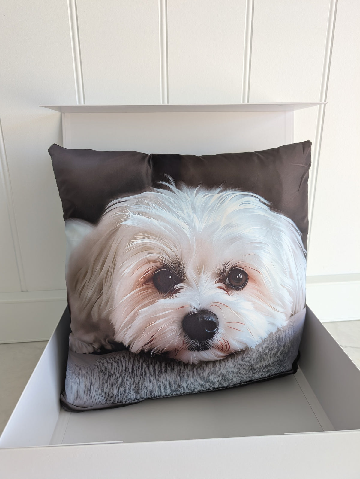 White puppy portrait cushion with insert presented in a large gift box