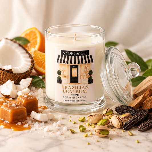 Brazilian Bum Bum Type Soy Wax Candle by SZOFI & CO in a clear glass jar, handmade in Perth with premium soy wax
