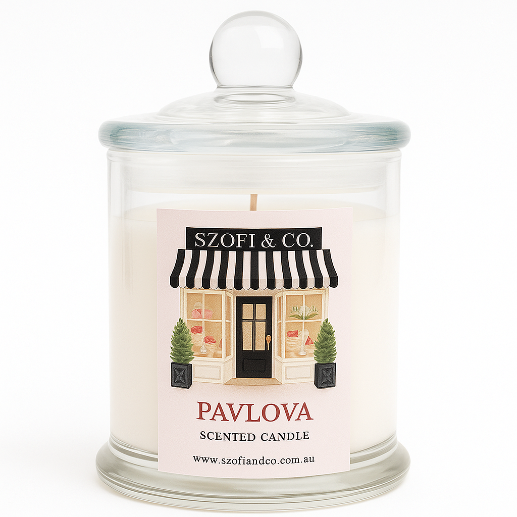 Pavlova Soy Wax Candle by SZOFI & CO in a clear glass jar, handmade in Perth with premium soy wax.