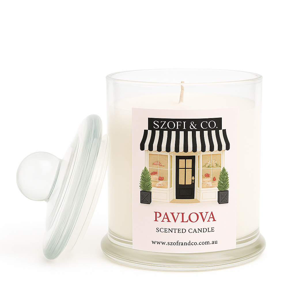 Pavlova Soy Wax Candle by SZOFI & CO in a clear glass jar, handmade in Perth with premium soy wax.
