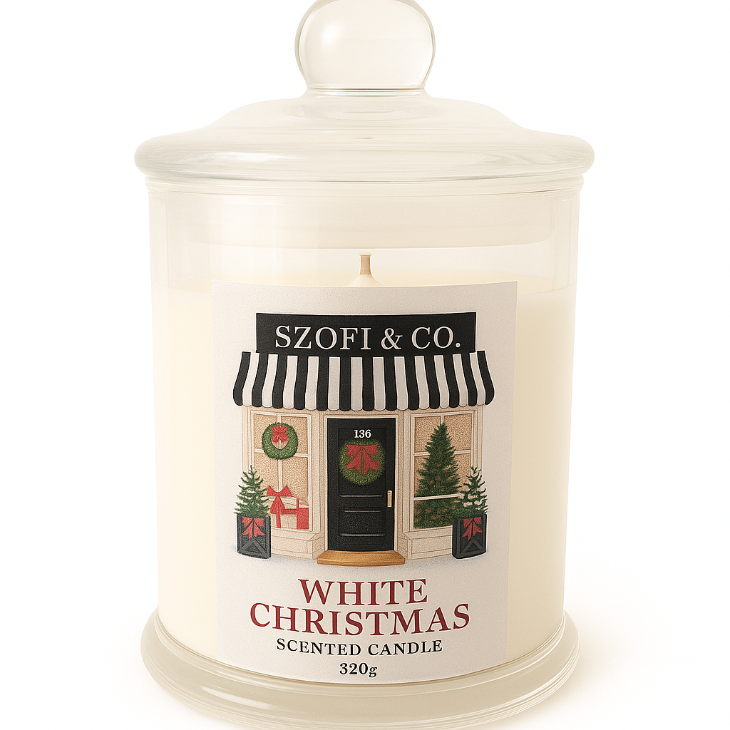 White Christmas Soy Wax Candle by SZOFI & CO in a clear glass jar, handmade in Perth with premium soy wax.