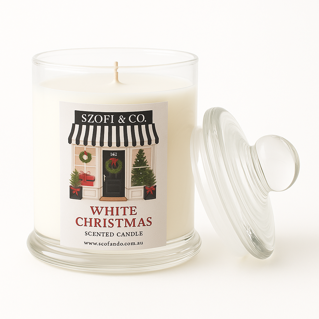 White Christmas Soy Wax Candle by SZOFI & CO in a clear glass jar, handmade in Perth with premium soy wax.