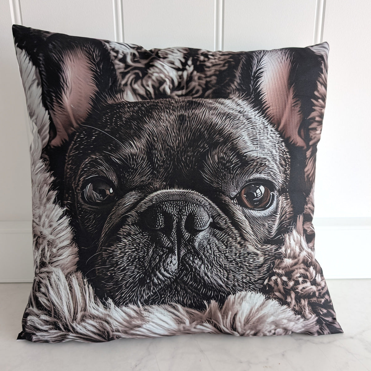 Black French Bulldog cushion, 45 × 45 cm, front view