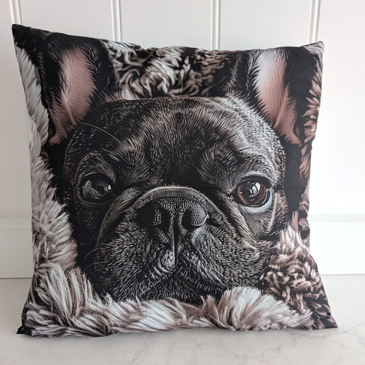 Black French Bulldog cushion, 45 × 45 cm, front view