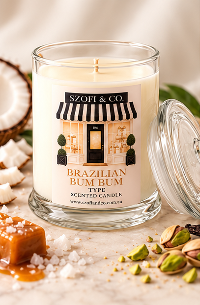 Brazilian Bum Bum Type Soy Wax Candle by SZOFI & CO in a clear glass jar, handmade in Perth with premium soy wax