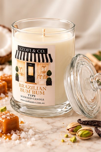 Brazilian Bum Bum Type Soy Wax Candle by SZOFI & CO in a clear glass jar, handmade in Perth with premium soy wax