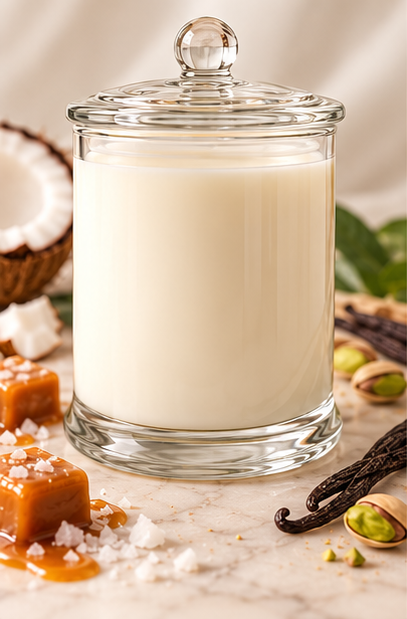 Brazilian Bum Bum Type Soy Wax Candle by SZOFI & CO in a clear glass jar, handmade in Perth with premium soy wax