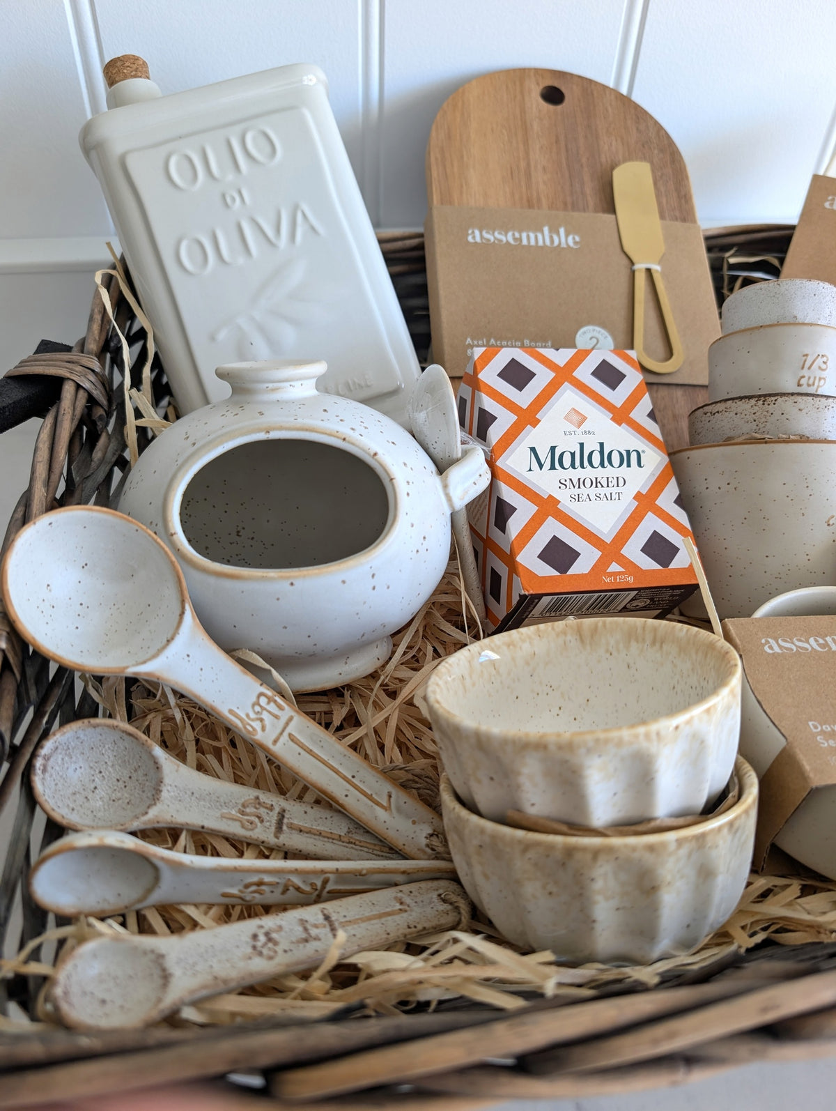 Ceramic salt pig, measuring spoons and bowls in the Gather & Graze Hamper