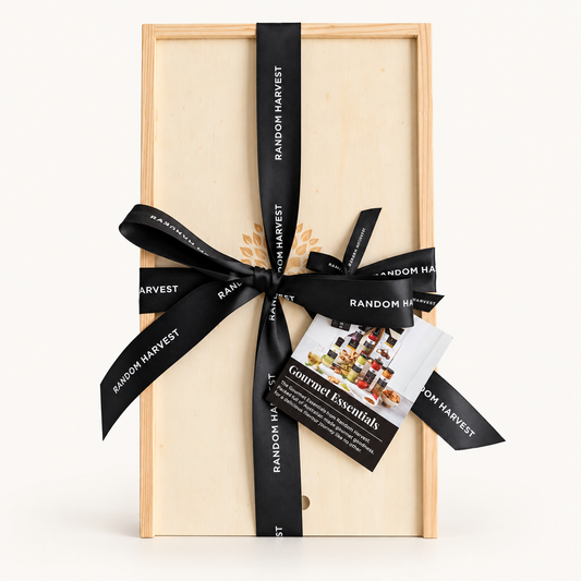 Random Harvest Gourmet Essentials wooden gift box with black branded ribbon