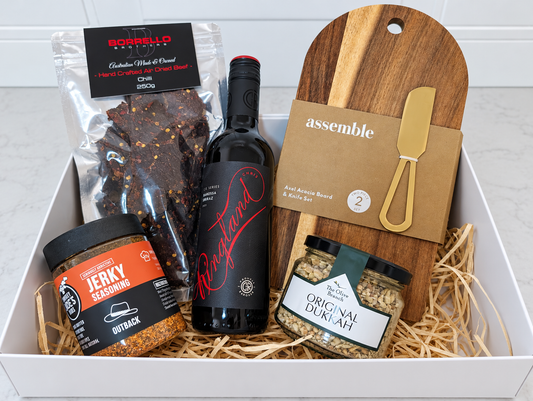 The Shiraz & Savour Gift Box with Chris Ringland Shiraz, chilli jerky, Outback seasoning, dukkah and an acacia board set