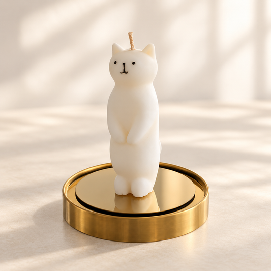 Natural white cat pillar candle on a gold display tray
