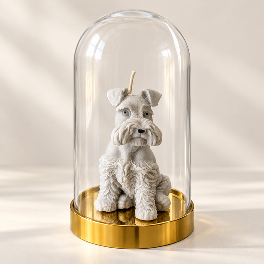 Glass dome with gold base, styled with a Schnauzer candle