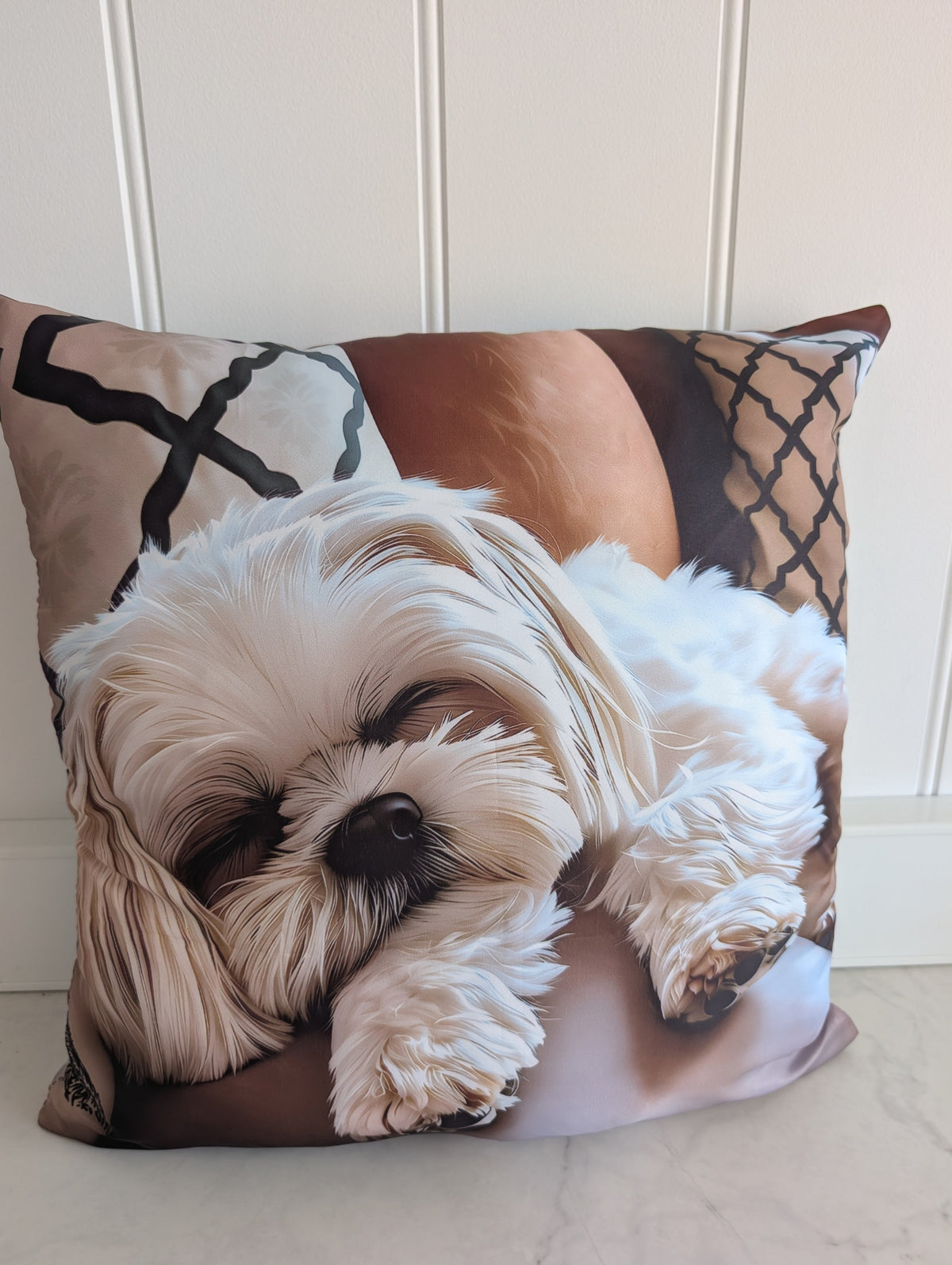 Angled view of the White Puppy sleeping cushion
