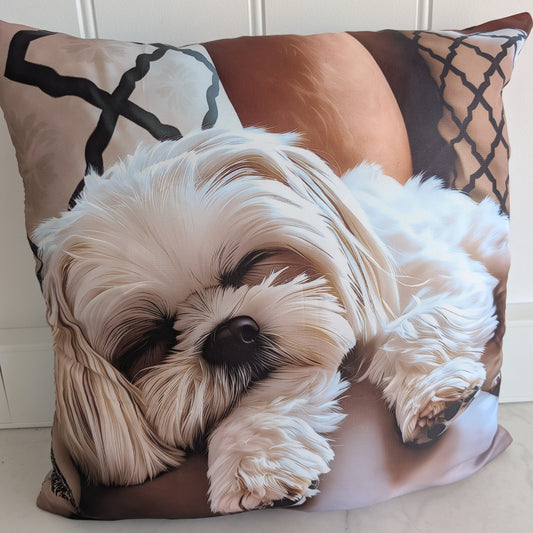 White puppy sleeping on its side printed on a 45 × 45 cm cushion