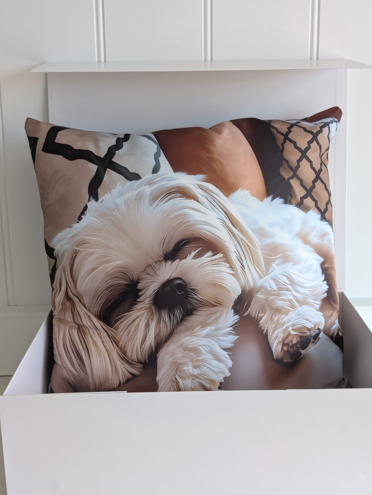 White Puppy cushion with insert presented in a large white gift box