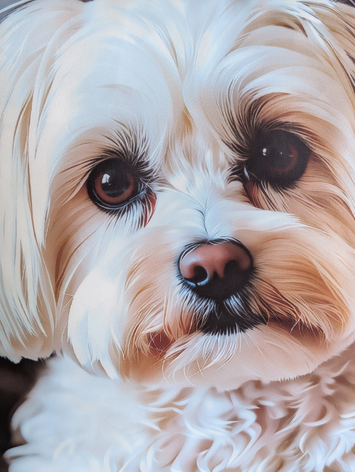 White Puppy Standing cushion — close-up of puppy print and fabric