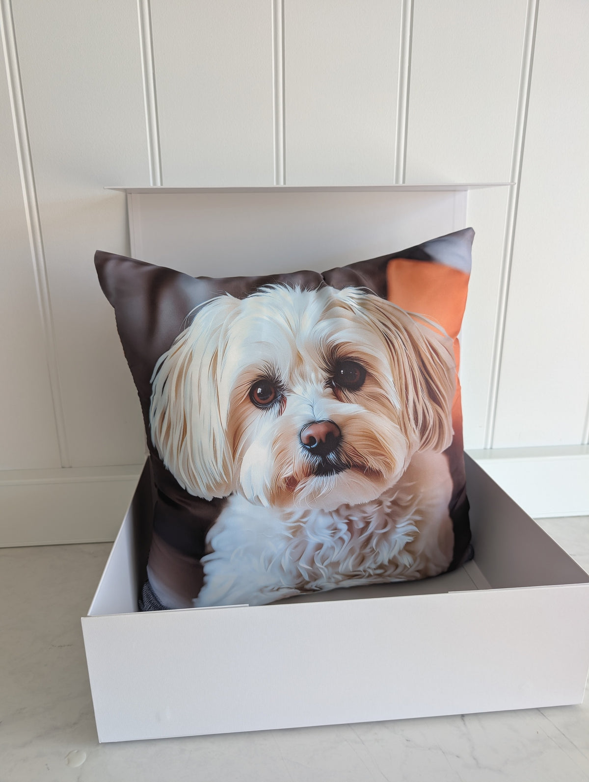 White Puppy Standing cushion — presented in a large gift box